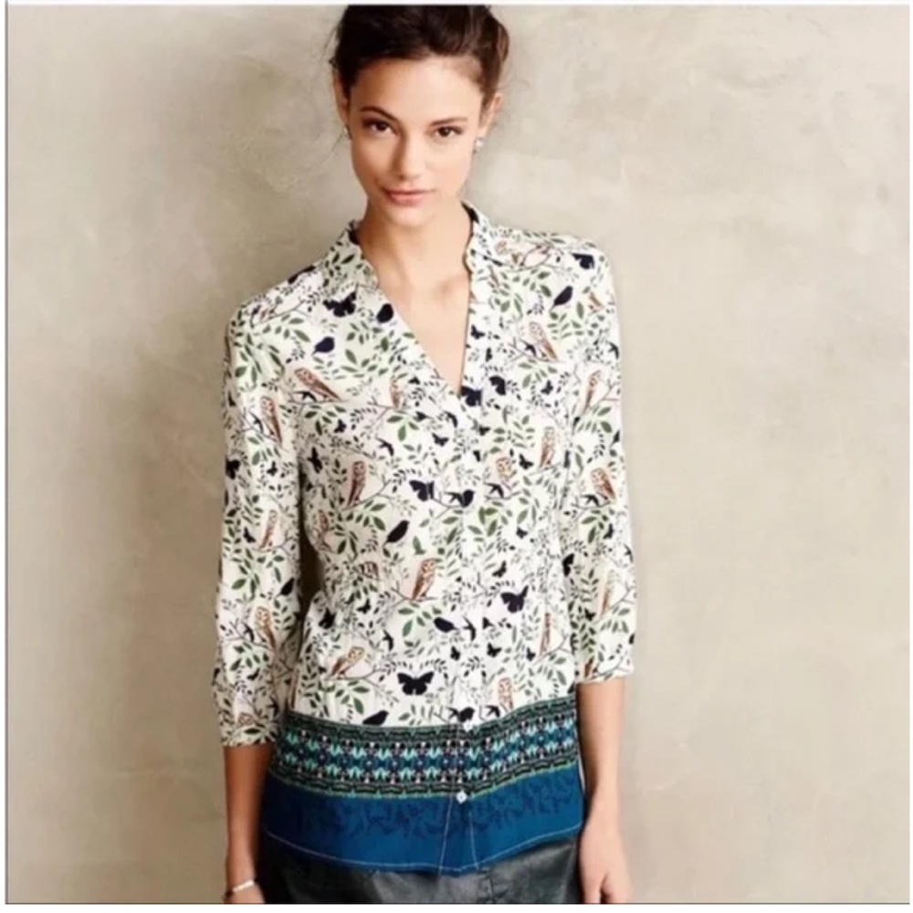 Maeve Anthropologie Owl and Woodland Creatures Button Down Blouse